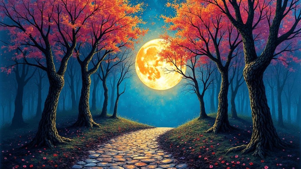 Moonlit Path in Arabesque Forest: Kintsugi Surrealism