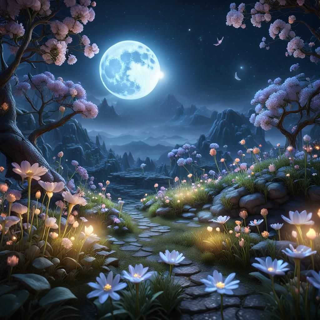 Blooming Flowers, Full Moon, and Sleeping Fairies