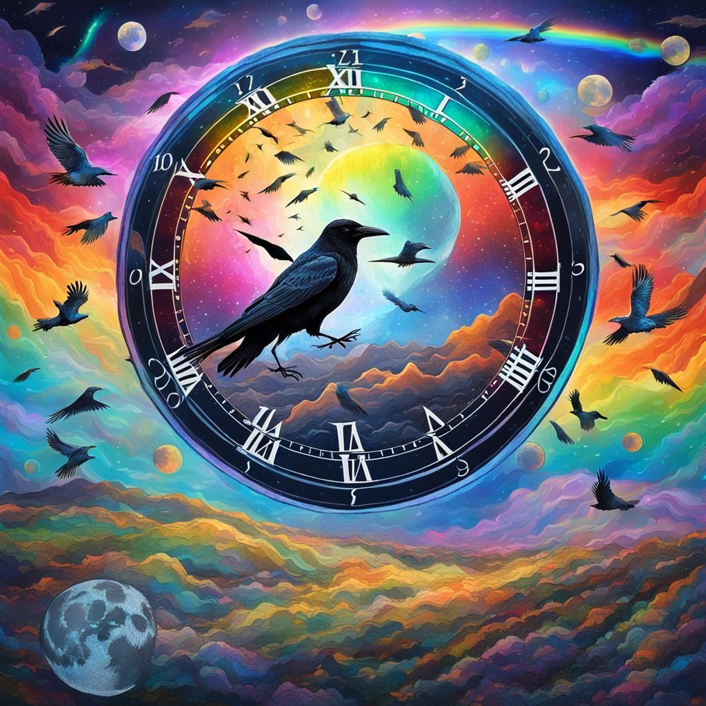 Clock on the Moon with Rainbow Lightning: Cosmic Art