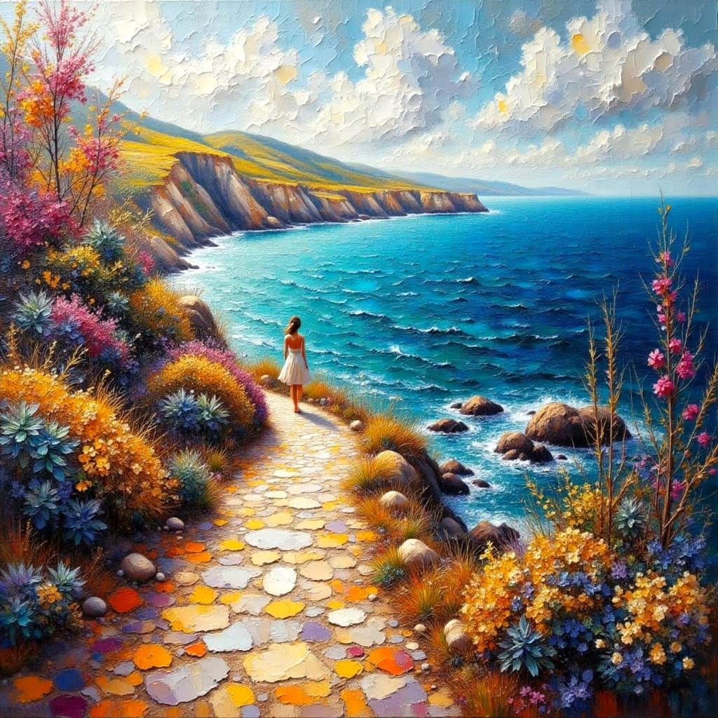 Ocean Cliffside Path: Impasto Oil Painting