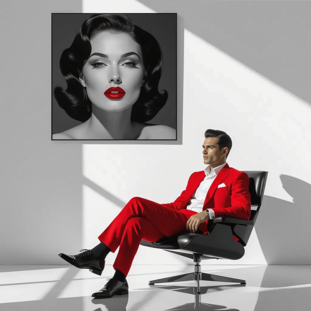 Man in Red Suit Beside Painting of Dripping Lips, Cinematic ...