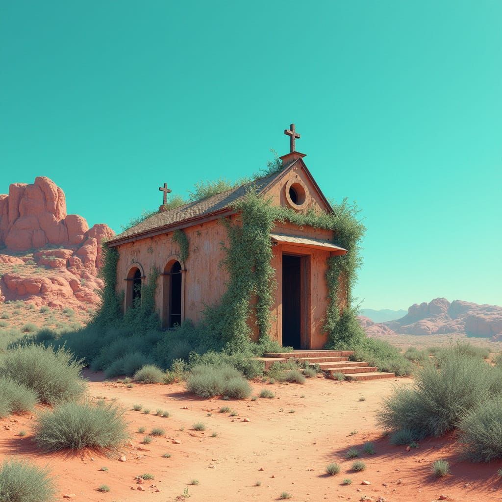 Desert Chapel in Hyperrealistic Atmospheric Style