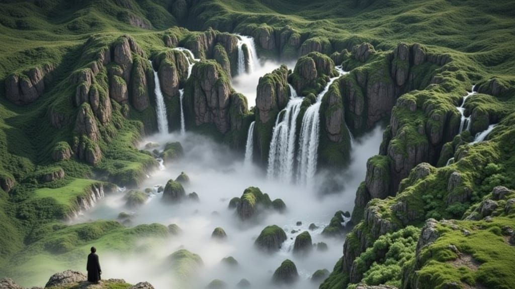 Heroic Figure Amidst Majestic Landscapes in Vibrant Fantasy ...