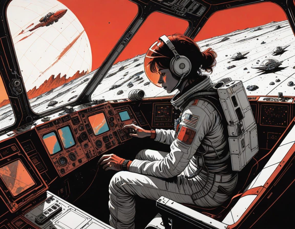 Dramatic Black and White Mars Landscape with Rust-Toned Acce...