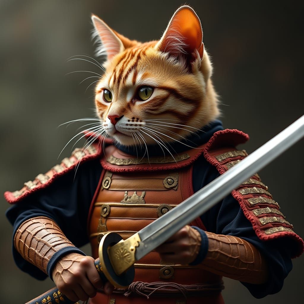 Golden Samurai Cat Sculpture with Katana