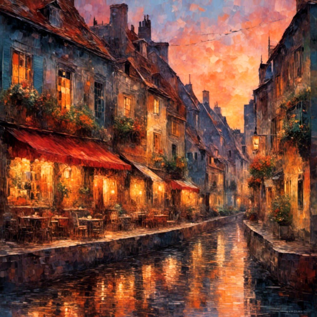 Charming European Street Scene at Dusk as Impressionist Pain...