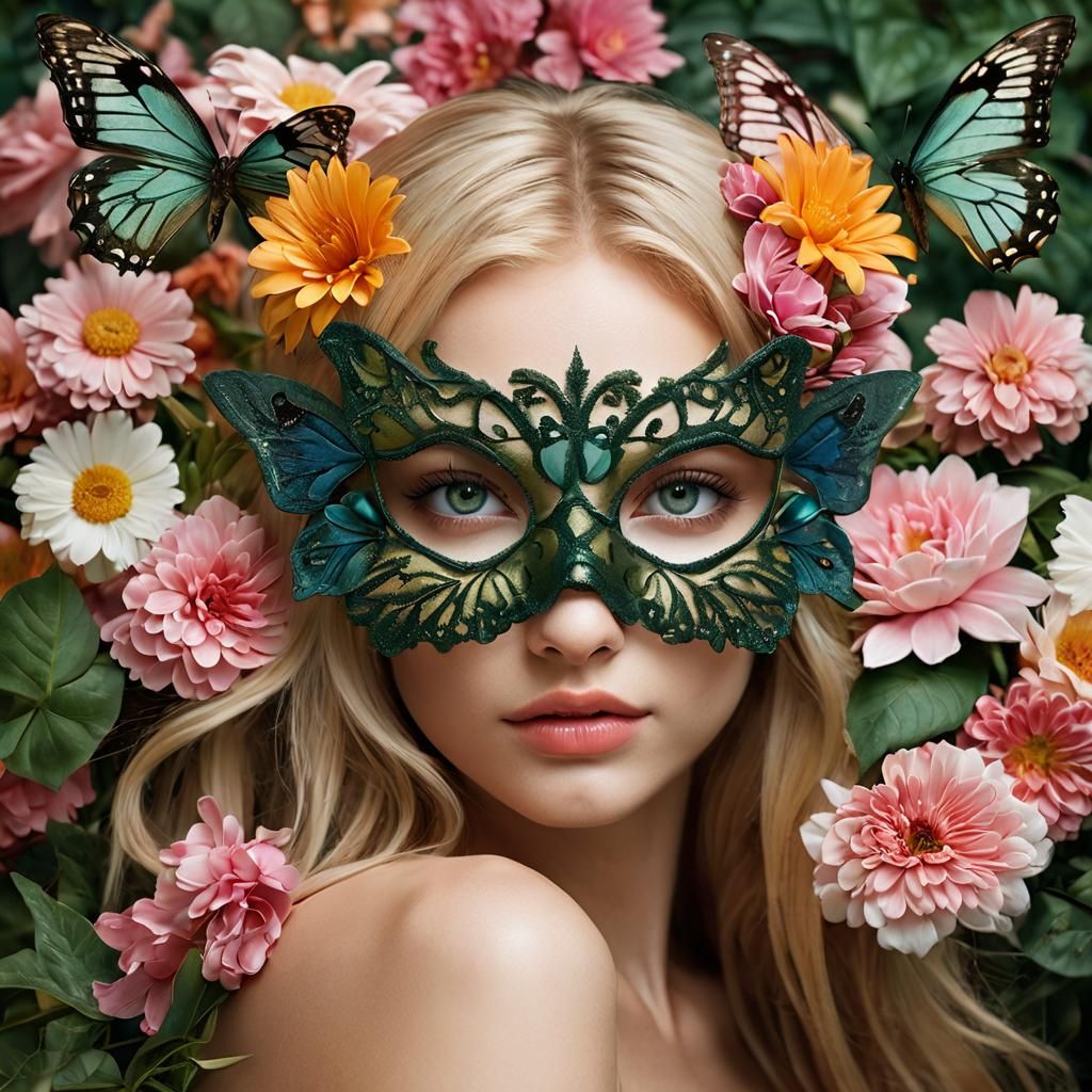 Woman with Butterfly Mask Surrounded by Flowers