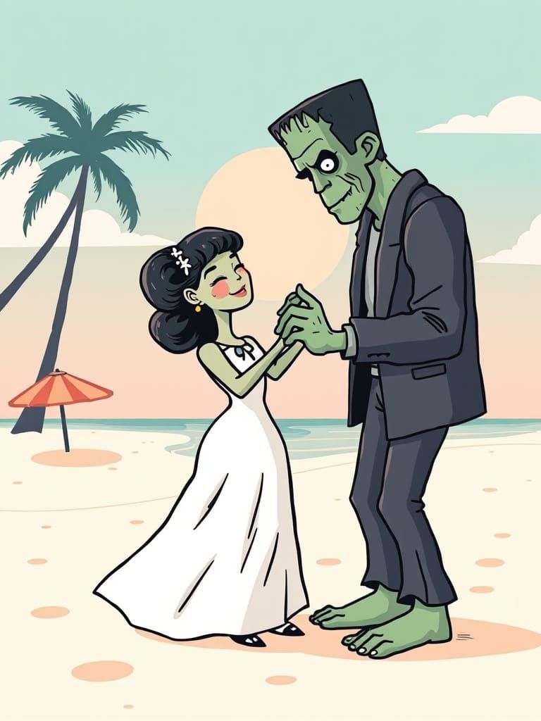Kawaii Frankenstein's Beach Dance: Retro Cartoon Style