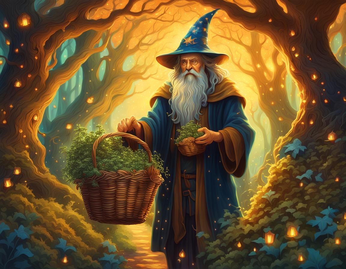 Magical Wizard with Glowing Herbs in Forest