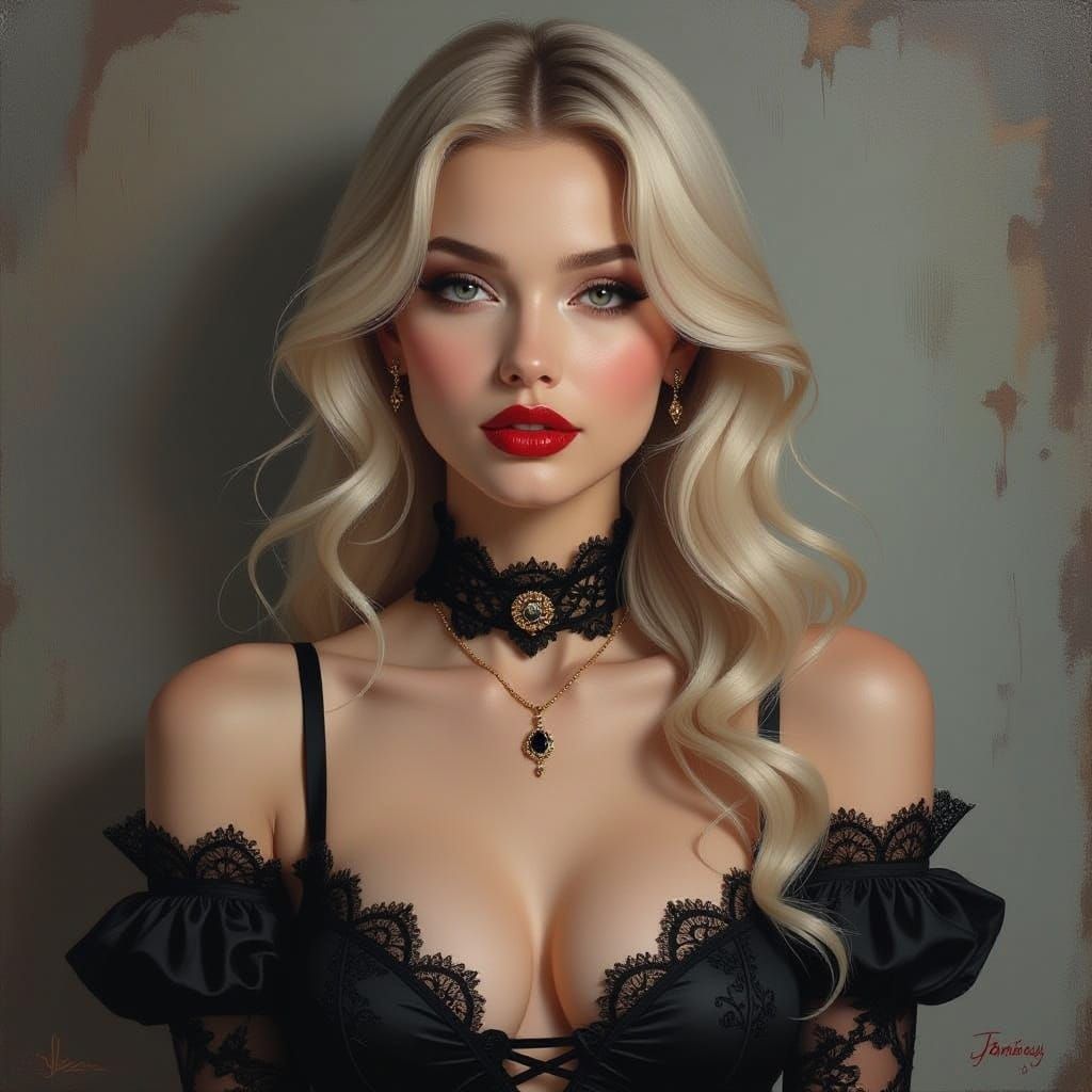 Gothic Woman in Lace Underwear Oil Painting