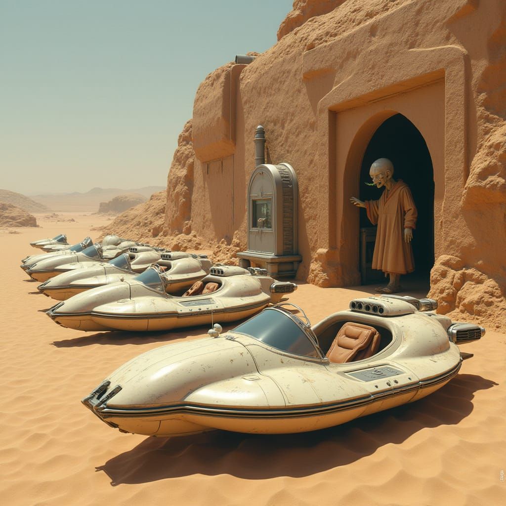 Futuristic Land Speeders in a Desert Landscape