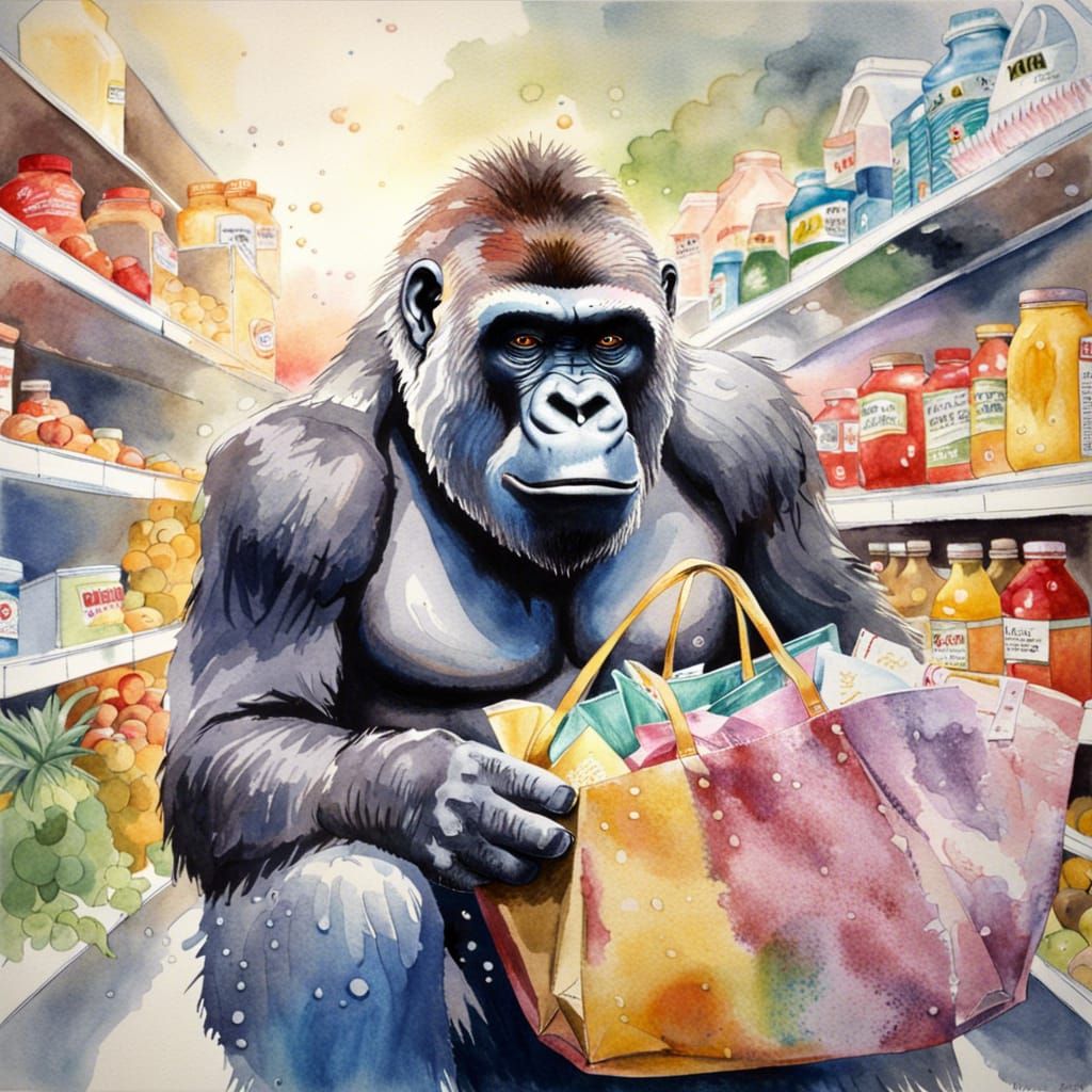 Hunky Gorilla Shopping at Animal Supermarket in Watercolour