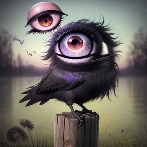 Crow with Exaggerated Eye in Swampy River