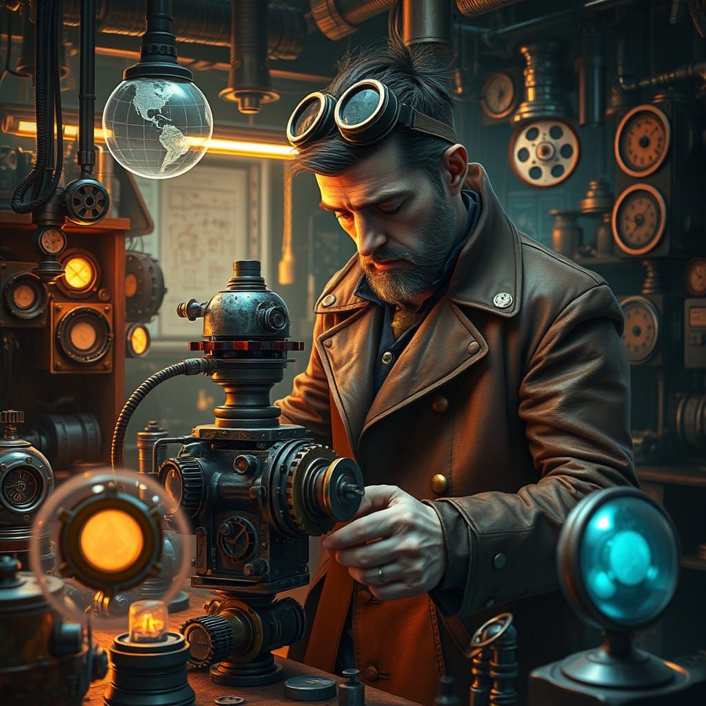Steampunk Inventor in Futuristic Lab