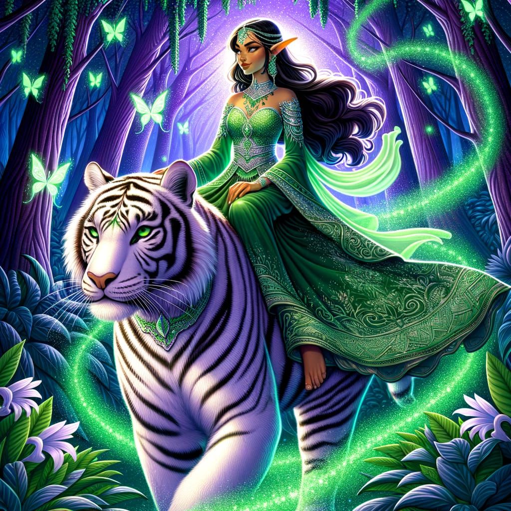 Elven Woman in Emerald Green Surrounded by Pixie Dust and a ...