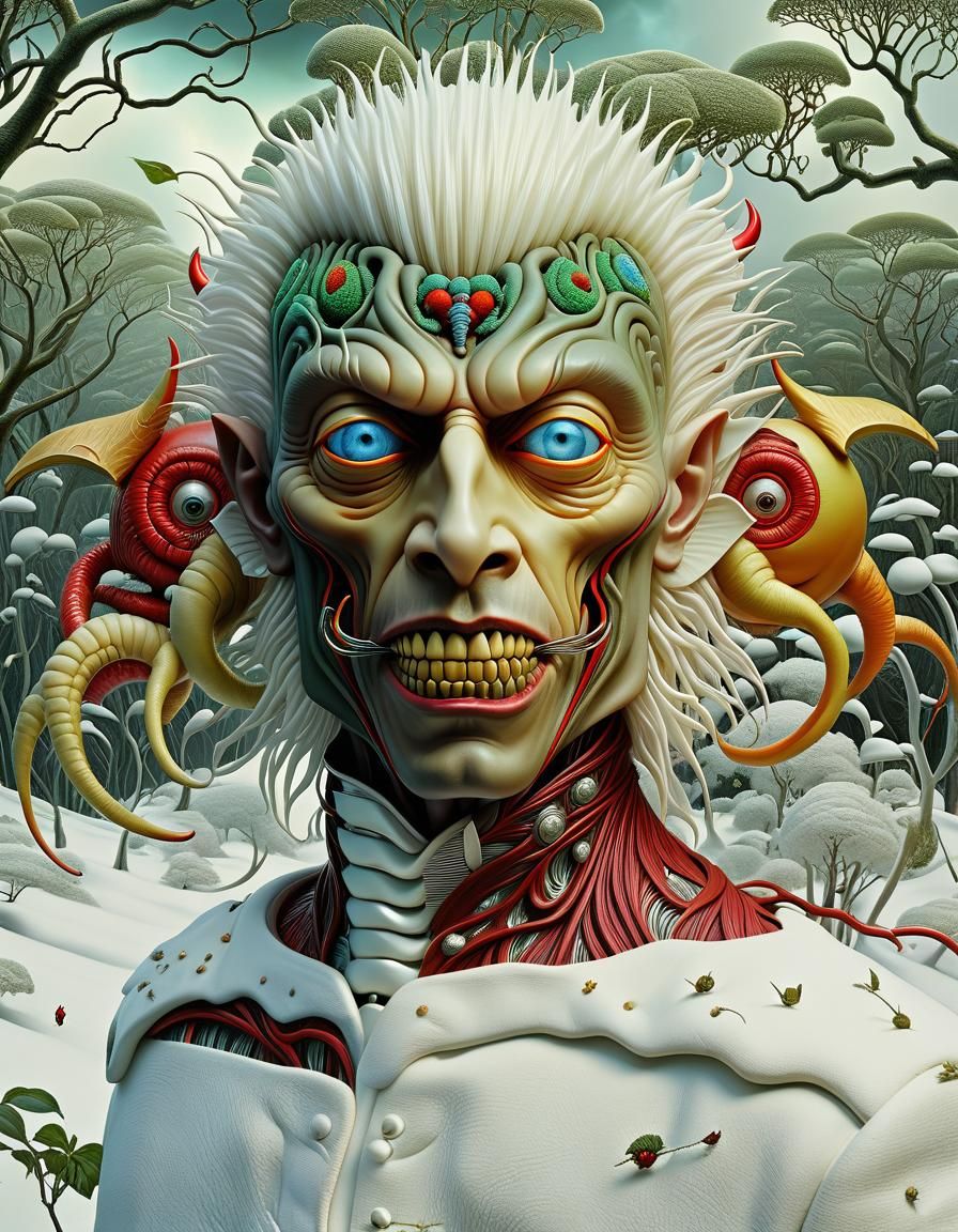 Psychedelic Animatronic Devil in a Surreal Bush