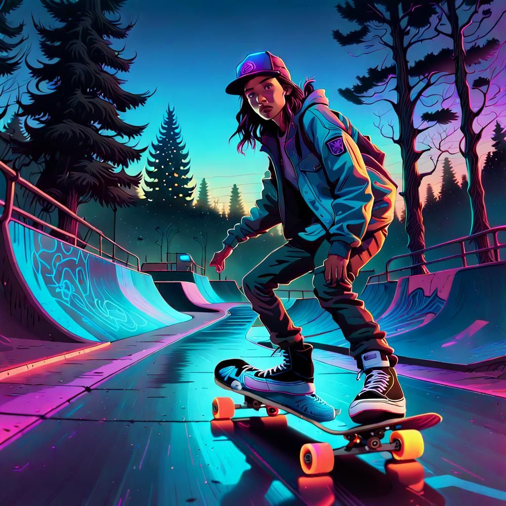 Cyberpunk Skate Park Ranger Patrols at Dusk