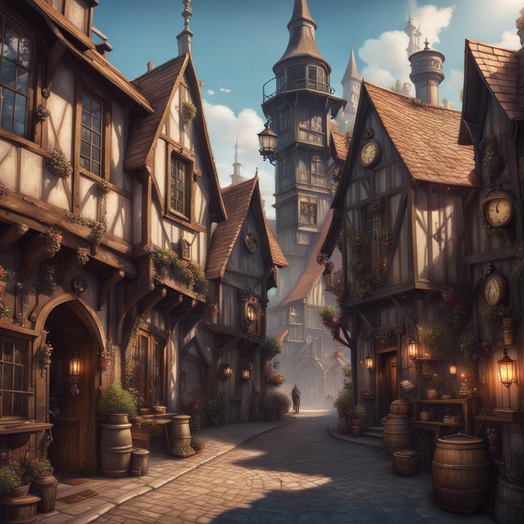 Steampunk gothic medieval old village in winter wonderland