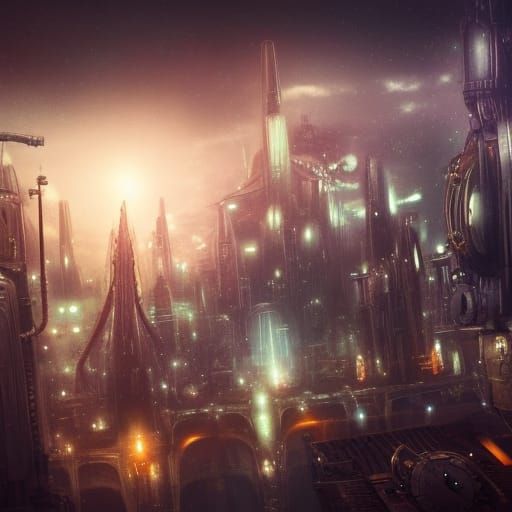 Steampunk Alien City Nightlife: Digital Matte Painting
