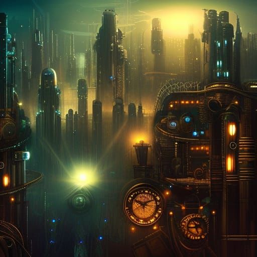 Steampunk Alien Nightlife in Futuristic City