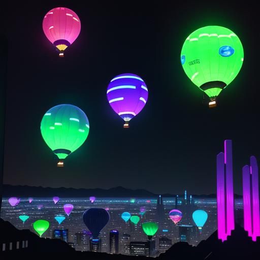 Bioluminescent Balloons Over Cybercore City: Digital Illustr...