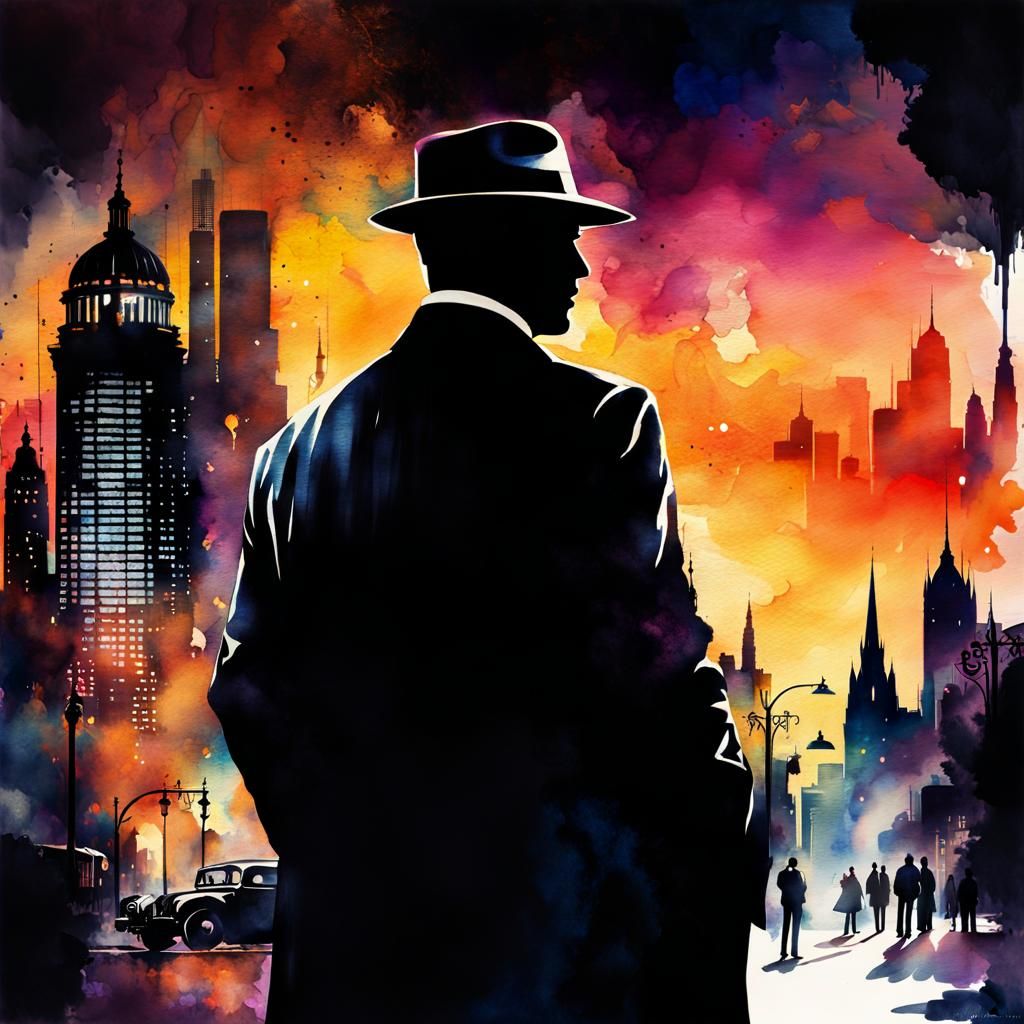 Noir Detective in Sunset Cityscape: Watercolor Illustration