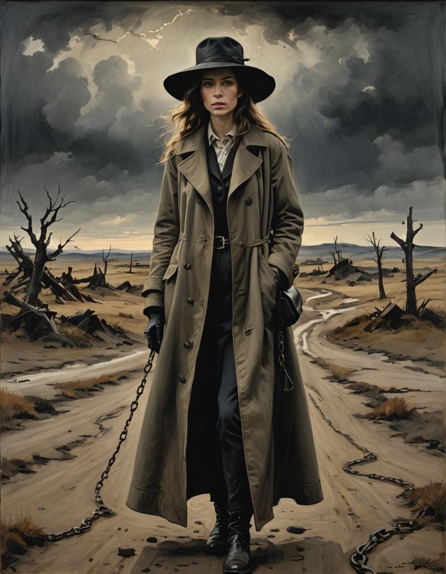 Woman in Desolate Landscape with Broken Chains