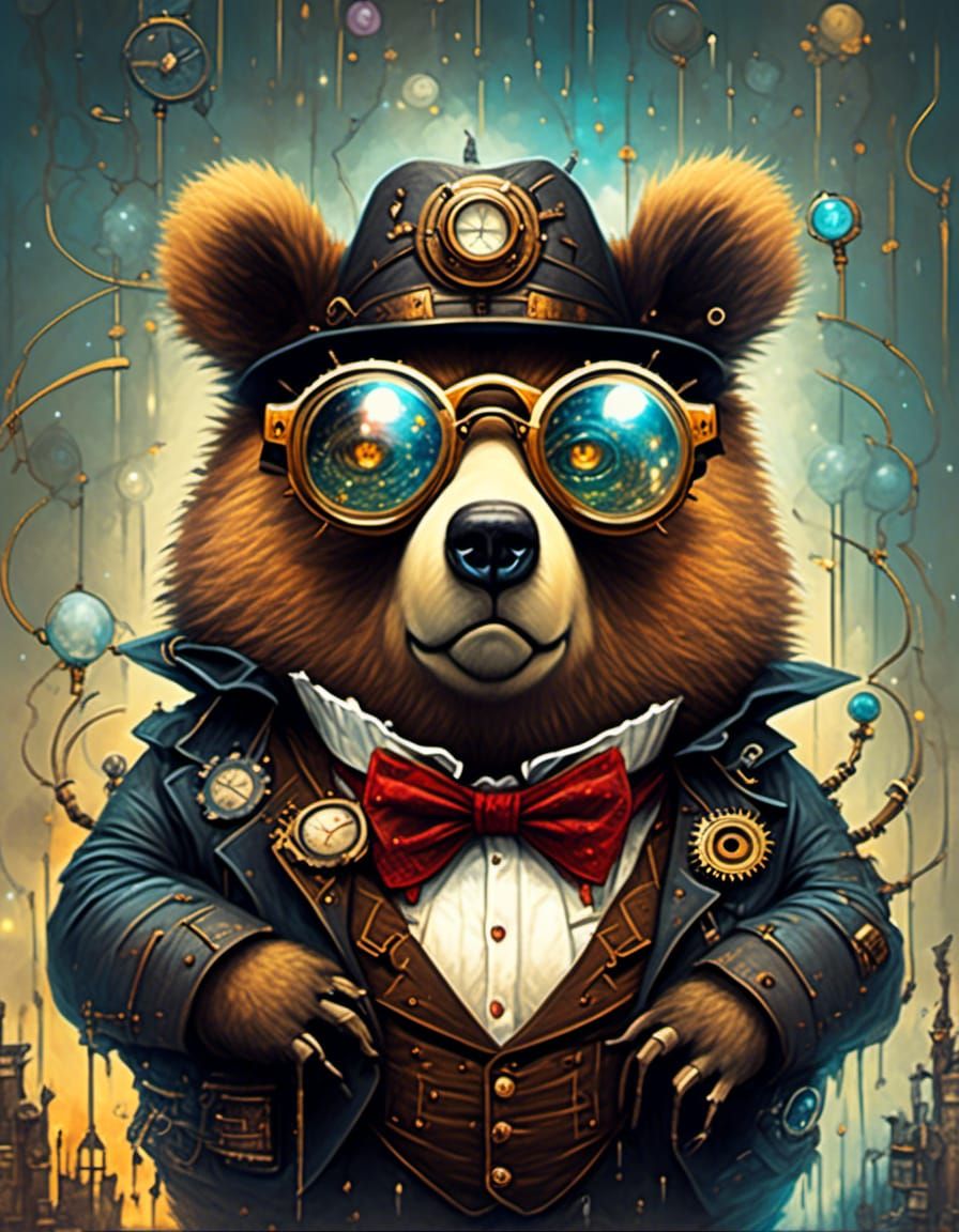 Steampunk Bear with Galaxy Eyes, Illustrative Art