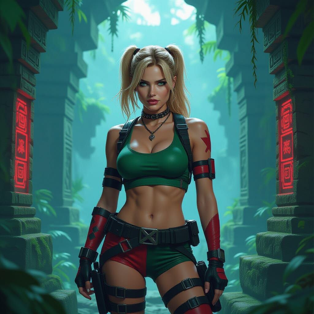 Lara Croft in Harley Quinn Outfit in Jungle Temple
