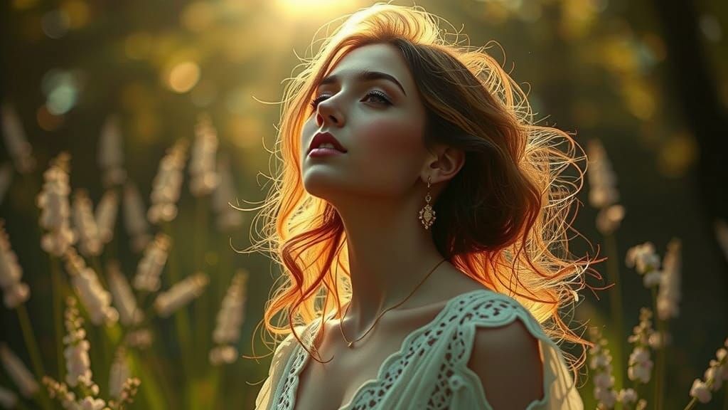Radiant Woman Surrounded by Light and Flowers