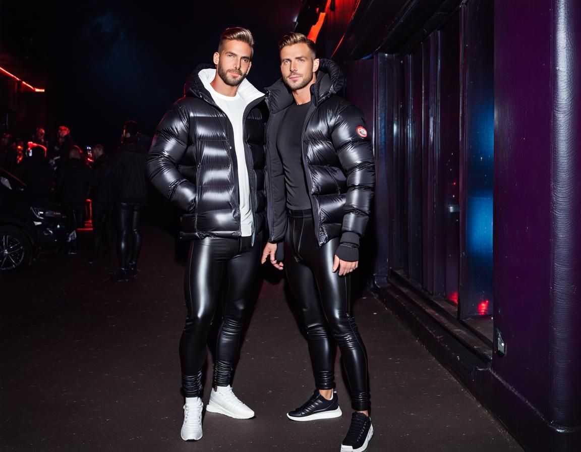 Men couple, in tight pants and puffer jacket at night