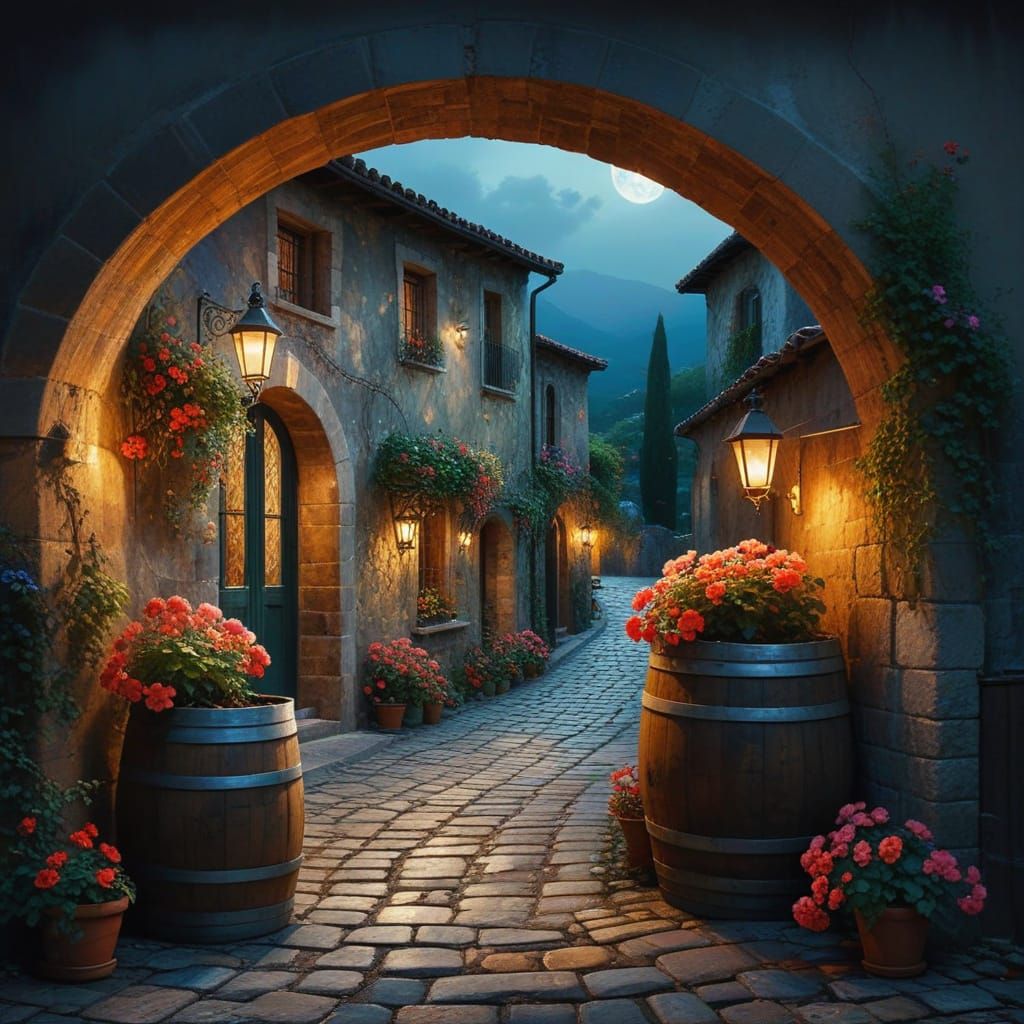 Dreamy Mediterranean Nighttime Scene with Arched Doorways