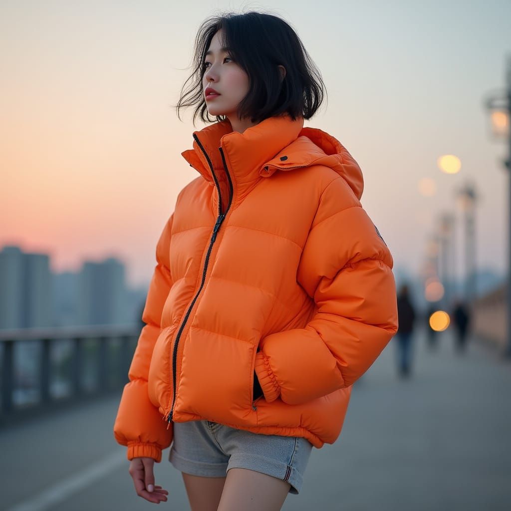 Korean Woman in Vibrant Orange Down Jacket