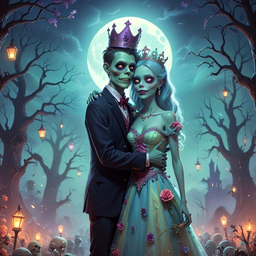 Happy Zombie Prom King and Queen in Pastel Light