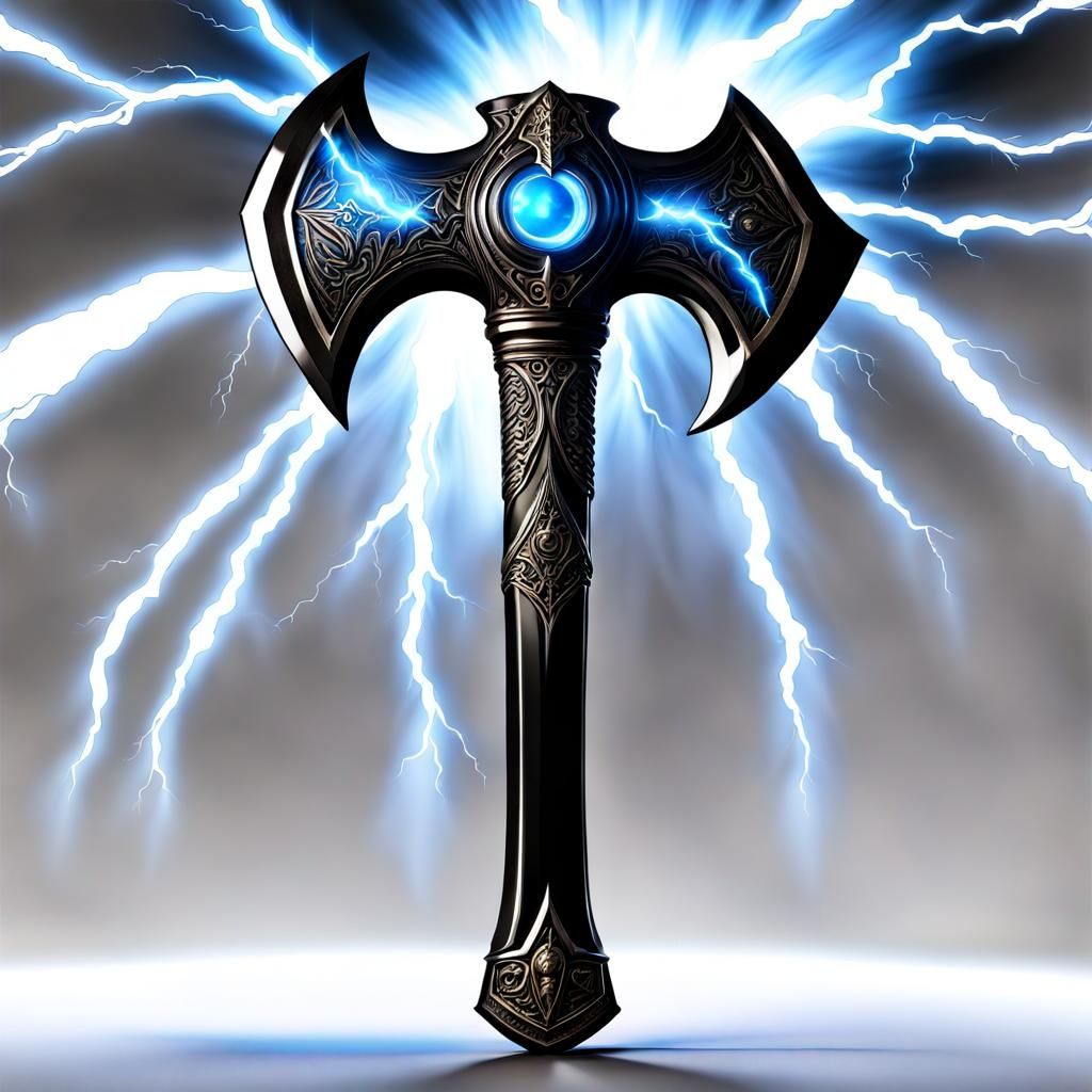 Glowing Runes on Powerful Axe in Thunderous Sky