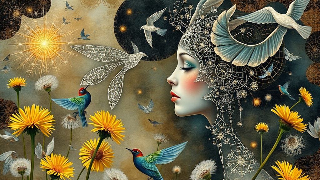 Delicate, Iridescent Star Being Amidst Dandelions and Ethere...