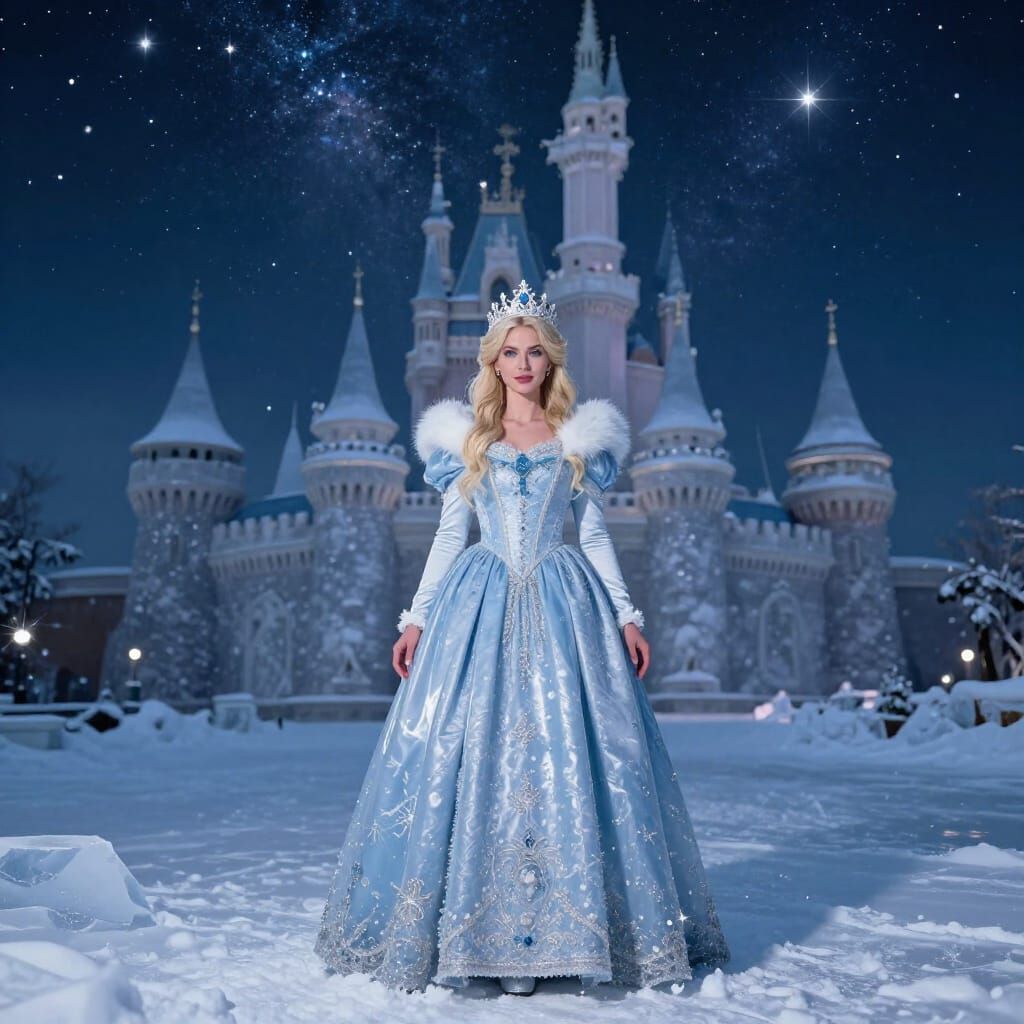 Winter Princess in Snowy Landscape with Stars