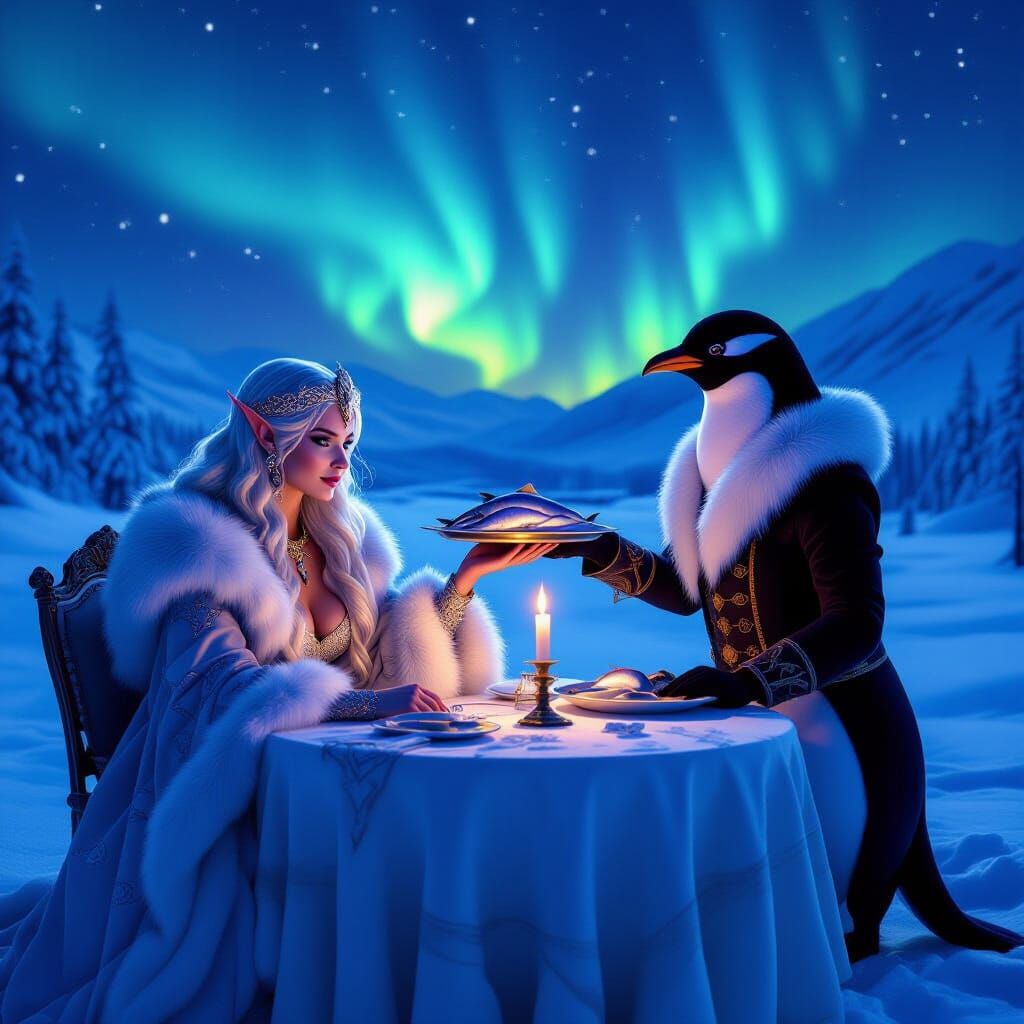 Ice Elf Dinner Under Northern Lights in Dark Fantasy Style