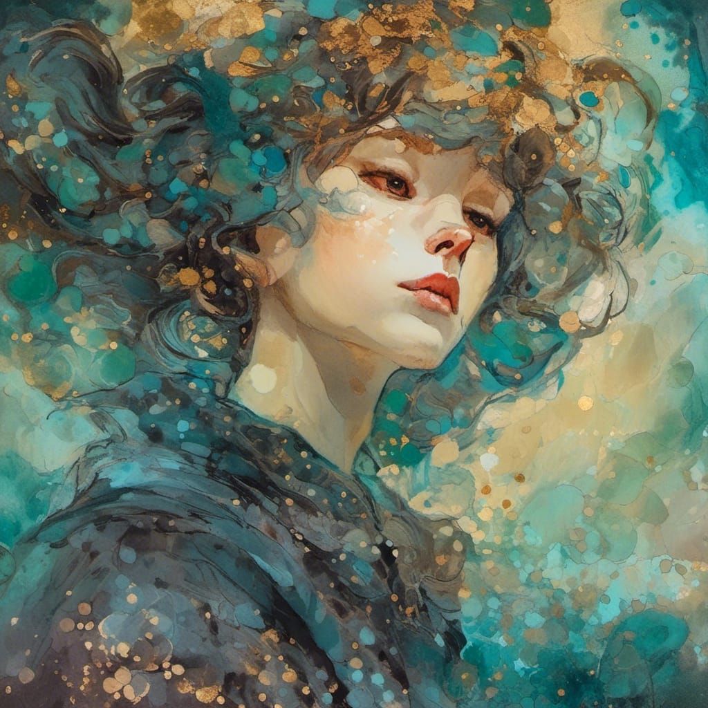 Celestial Young Man in Watercolor Illustrative Ink Style