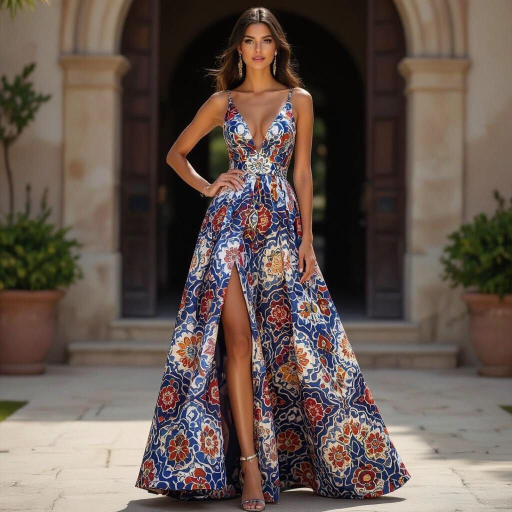Gorgeous Woman in Beautiful Patterned Gown