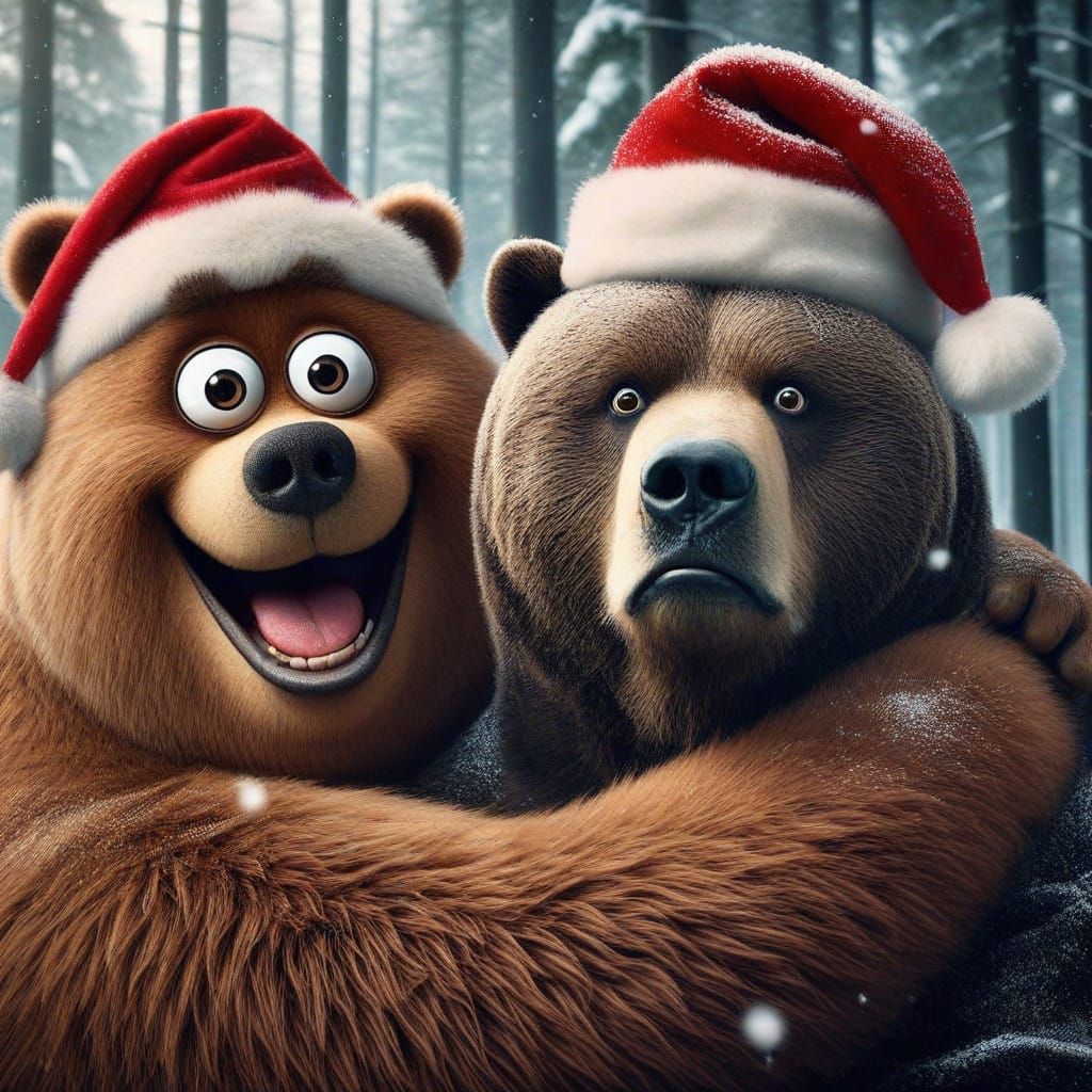 Amused Bear Duo Embracing Christmas Cheer in Winter Wonderla...