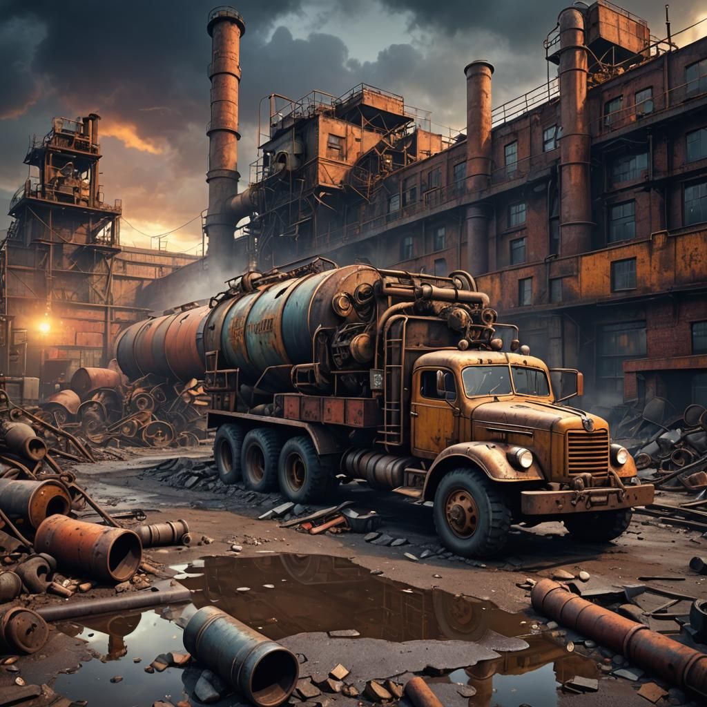 Dieselpunk Ruined Factory: 1940s Wasteland