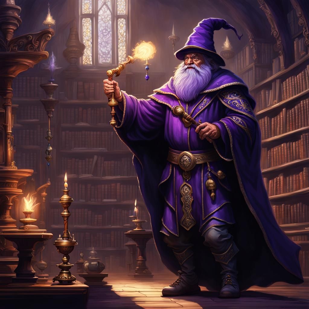 Fantasy Dwarf Wizard Casting Spell in Library
