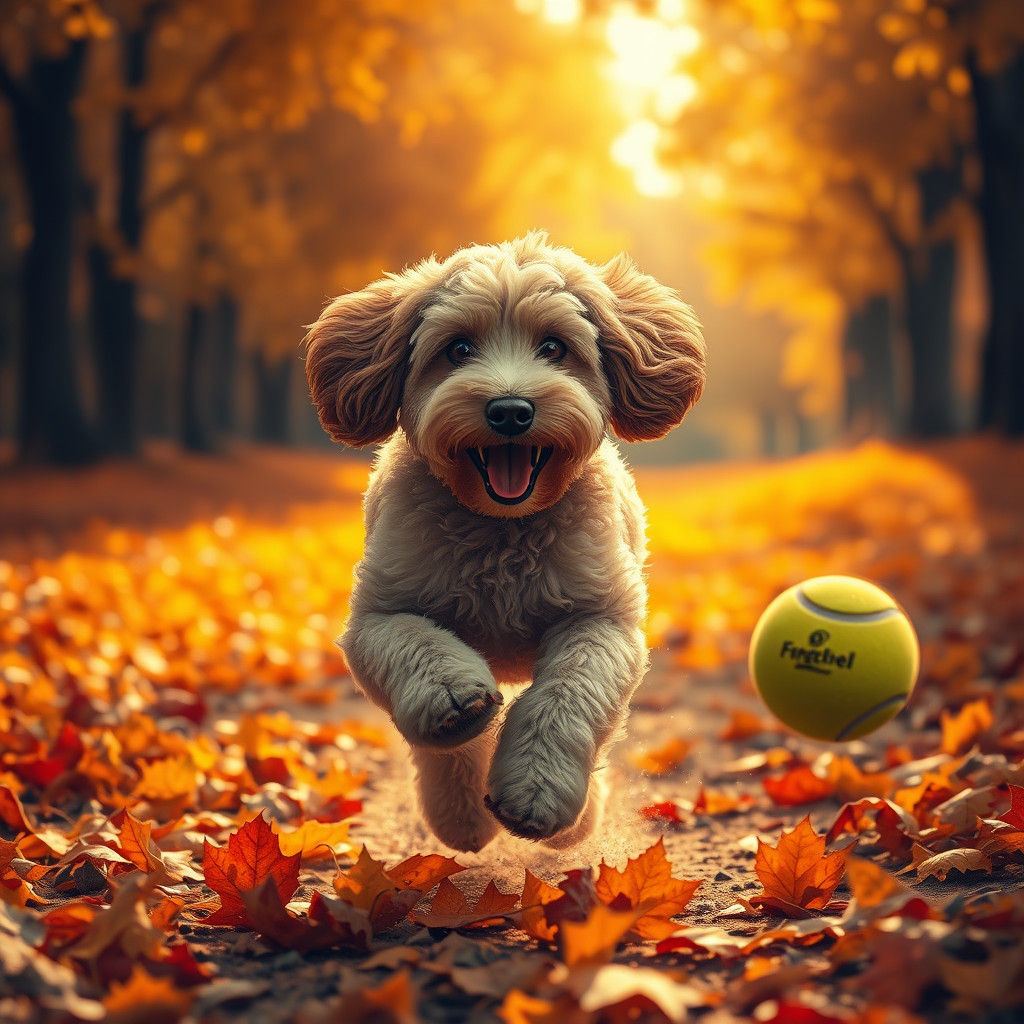 Joyful Sheepadoodle in Autumn Landscape, Matte Painting