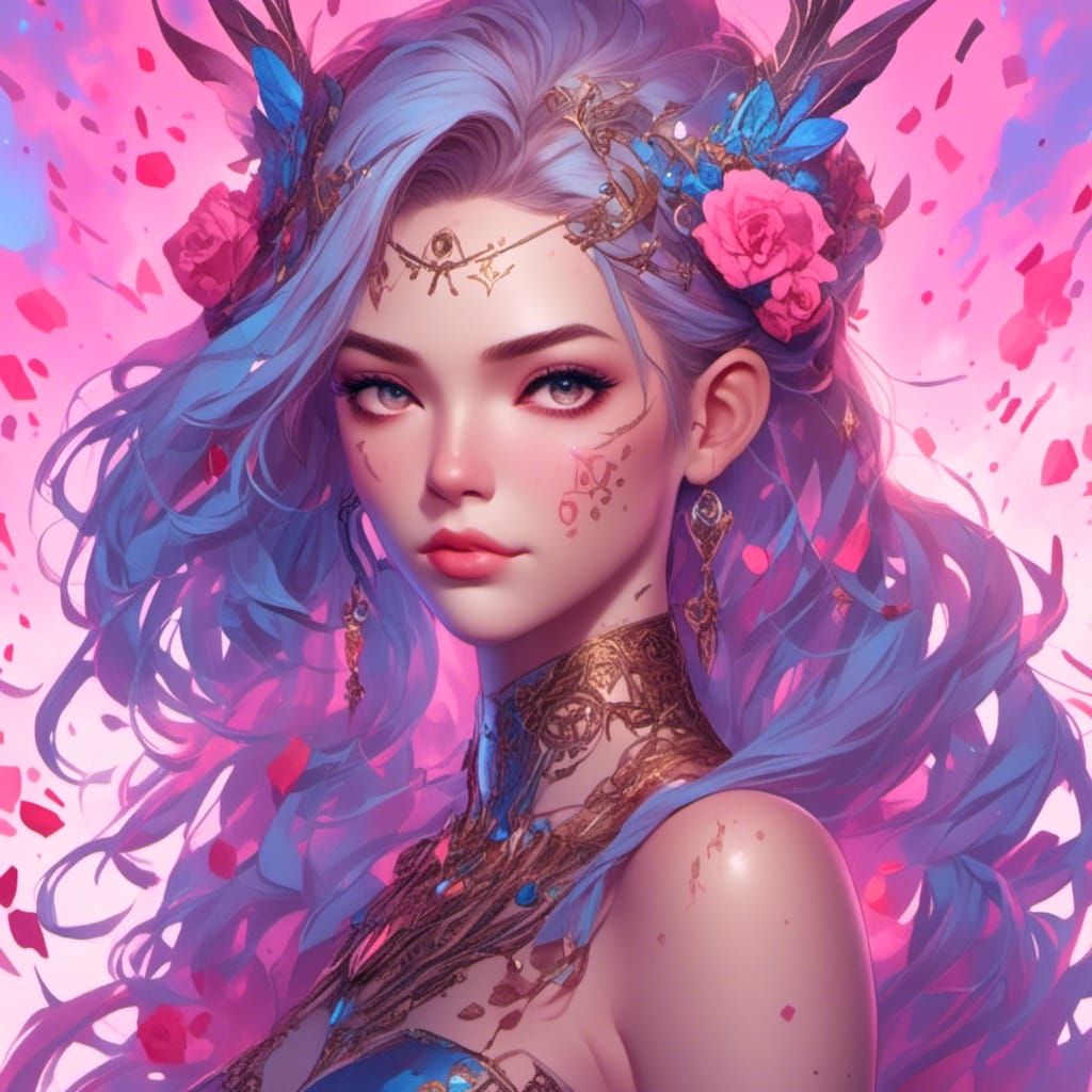 Pink Haired Girl Portrait in Art Nouveau Style