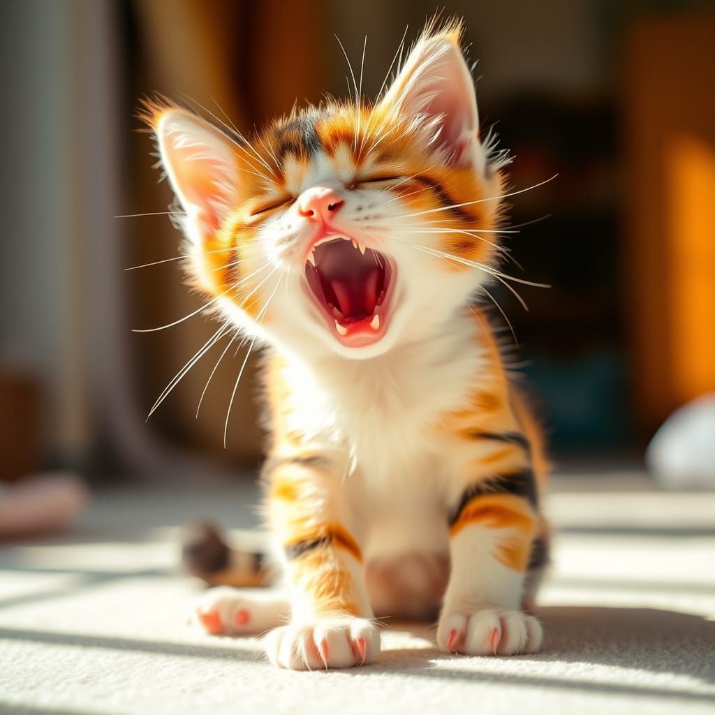 Surreal Calico Kitten Captured in Intimate, Sunlit Moment