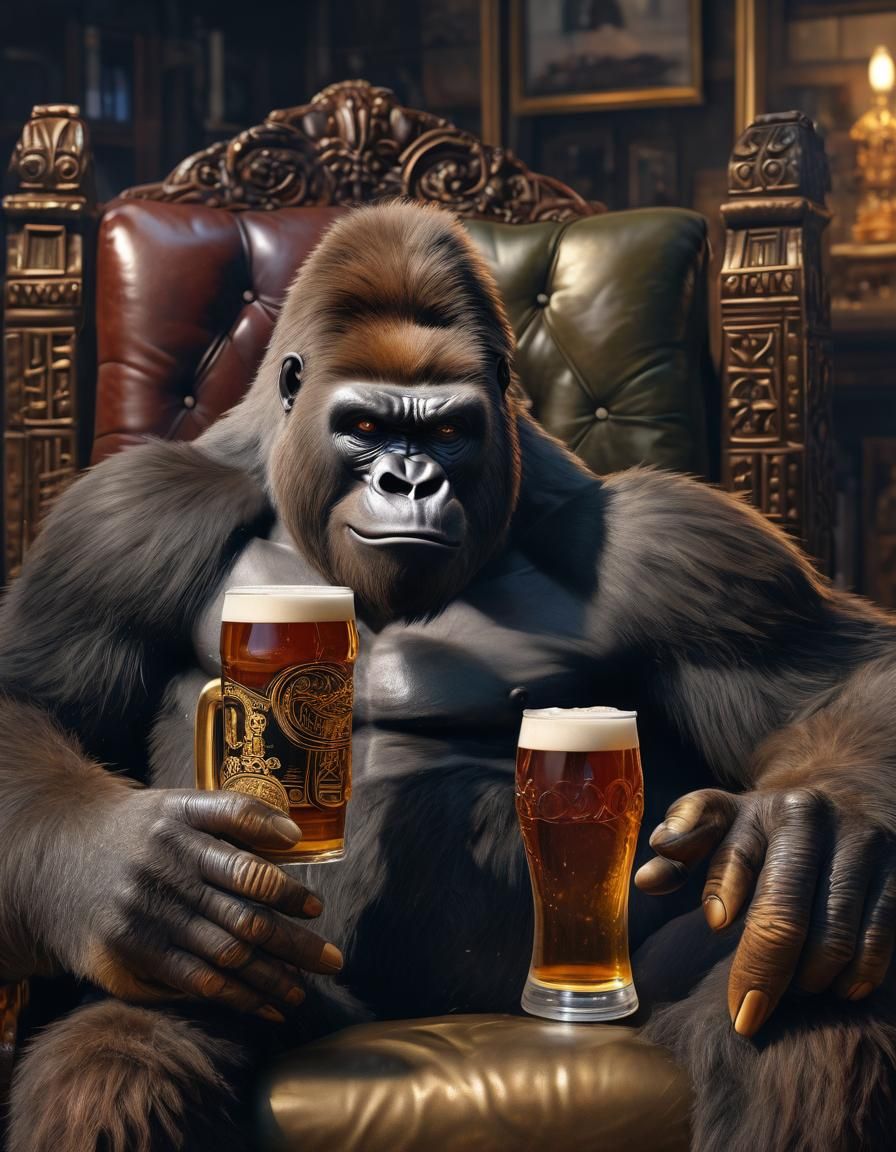 Cinematic Gorilla Sipping Beer: Oil Painting Style