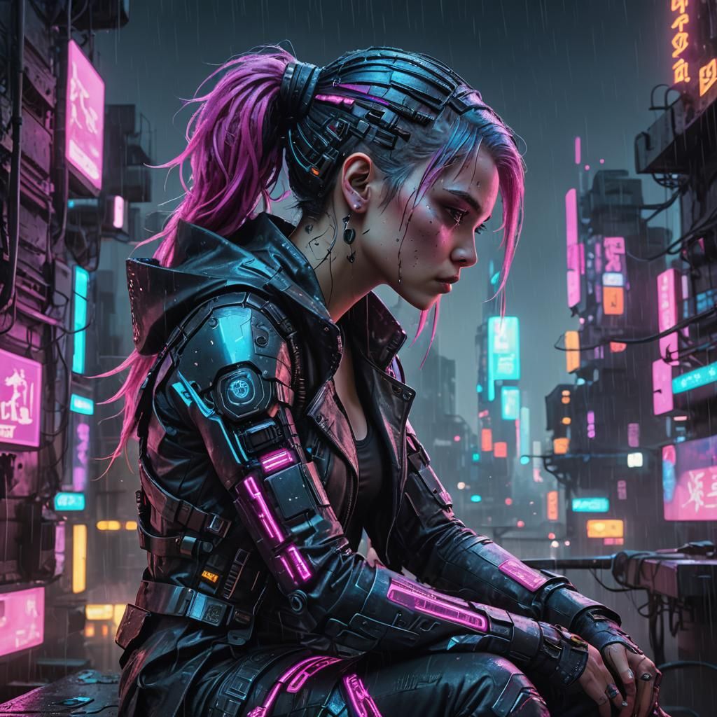 Android Woman in Neon Cityscape: Cyberpunk Digital Art