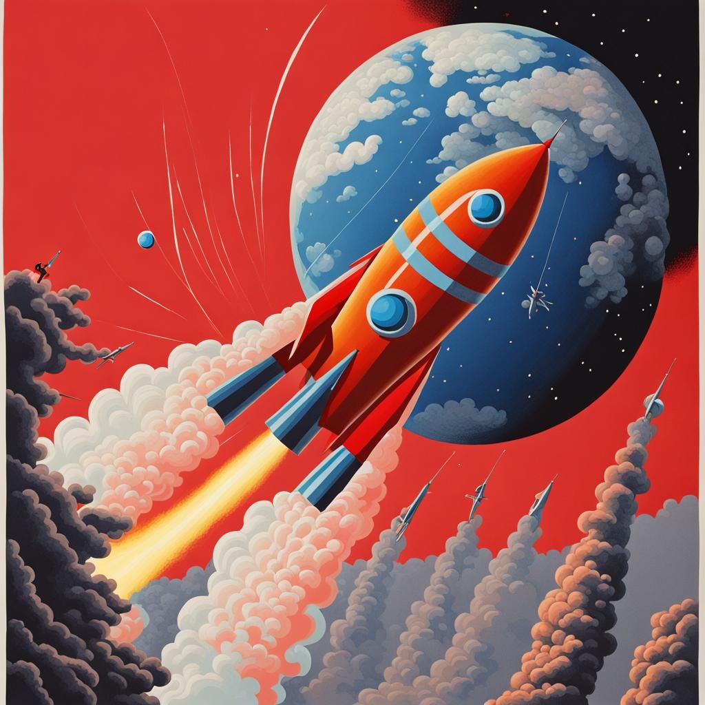 Girl Rocket Falls to Earth in Graphic Design Style