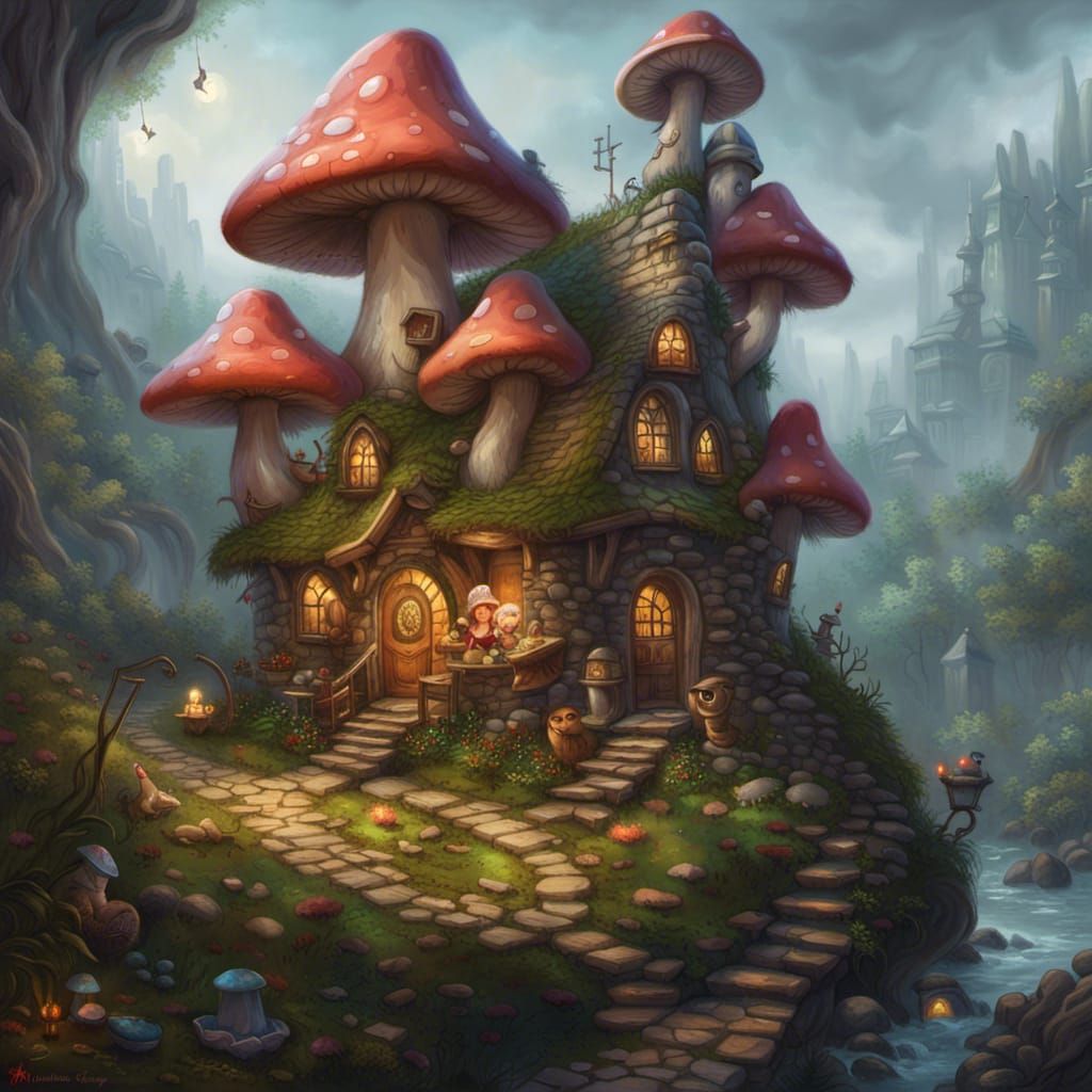 Gnome's Mushroom House: Ethereal Digital Painting